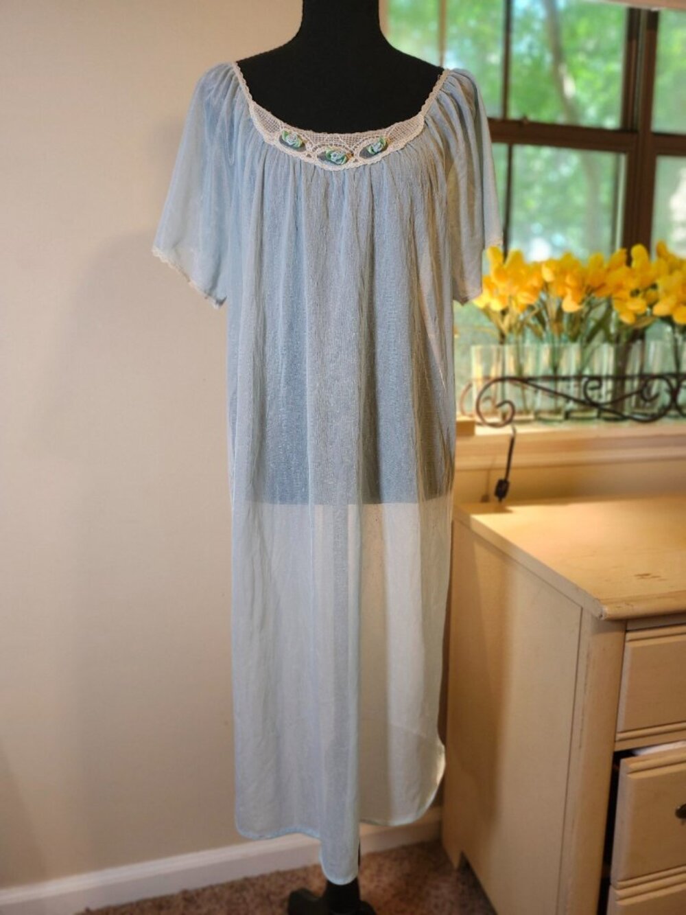 Vintage Silky Nightgown with Satin Rosettes XL Powder Blue Romantic Coquette MCM